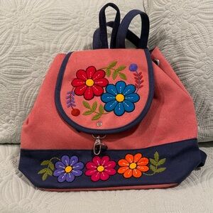 Handmade Peruvian Suede Floral Embroidered Backpack | Pink/Blue (NWOT)